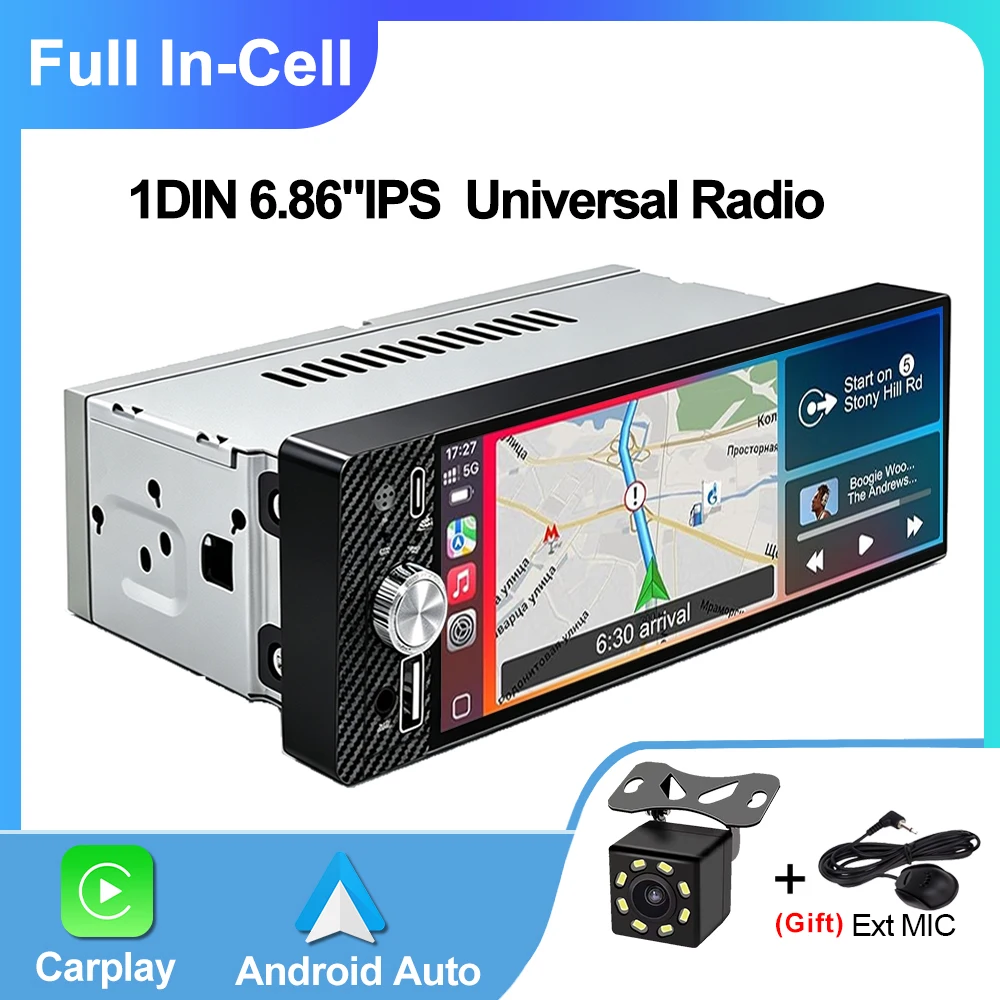 1DIN Universal 6.86 ''  Carplay Android Auto Airplay Car Radio MP5 MP3 Player Stereo  Touch Screen Bluetooth FM EQ USB Type-C