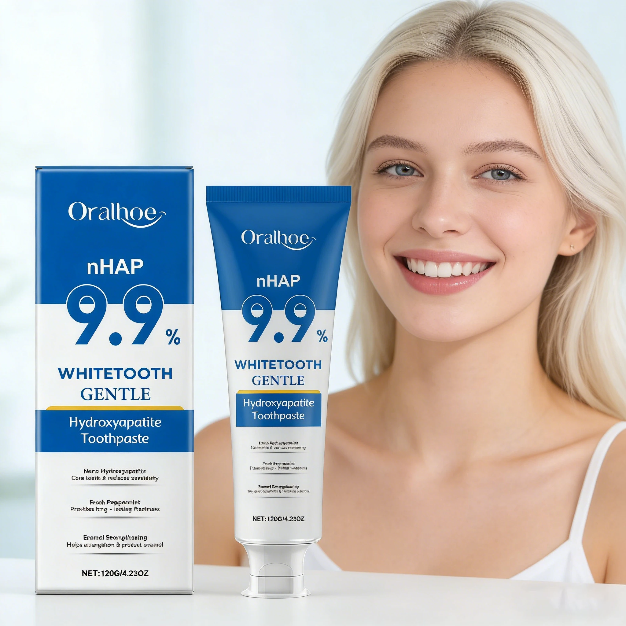 Pasta de dientes ORALHOE con hidroxiapatita para caries, blanqueamiento dental, reducción de placa, anticaries, aroma a menta, aliento fresco.