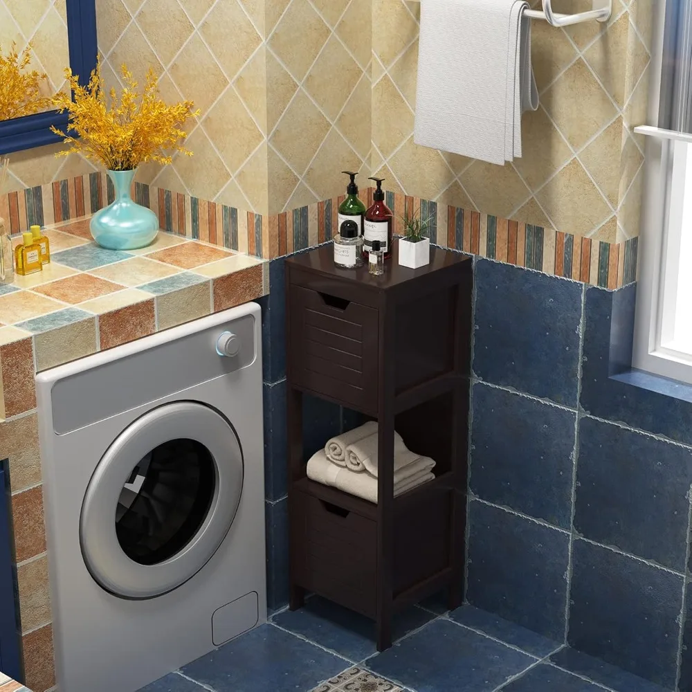 Bathroom Floor Cabinet, Narrow Wood Storage Cabinet w/2 Switchable Drawers, Multifunctional Side Cabinet for Bathroom,