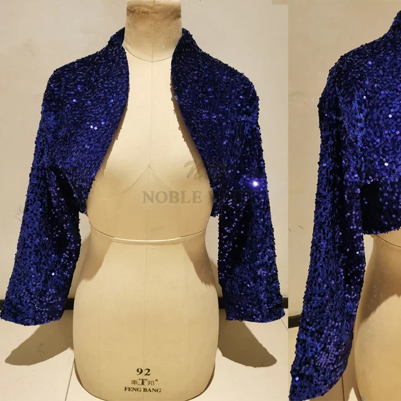 Royal Blue Wedding Jacket Bling Bling Sequined Prom Bolero Party Coat 3/4 Long Sleeve Bridal Jackets Party Top Customized