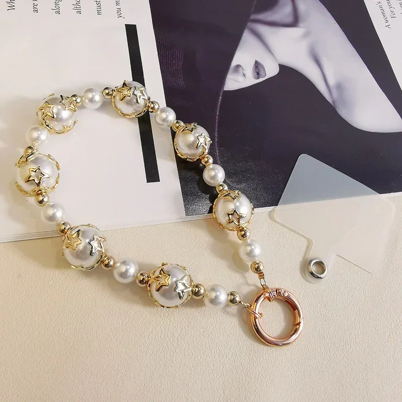 Mobile Phone Lanyard Short Wrist Pendant Five Point Star Pearl String Chain Hollow Hanging Universal Phone Case Anti Loss Sling