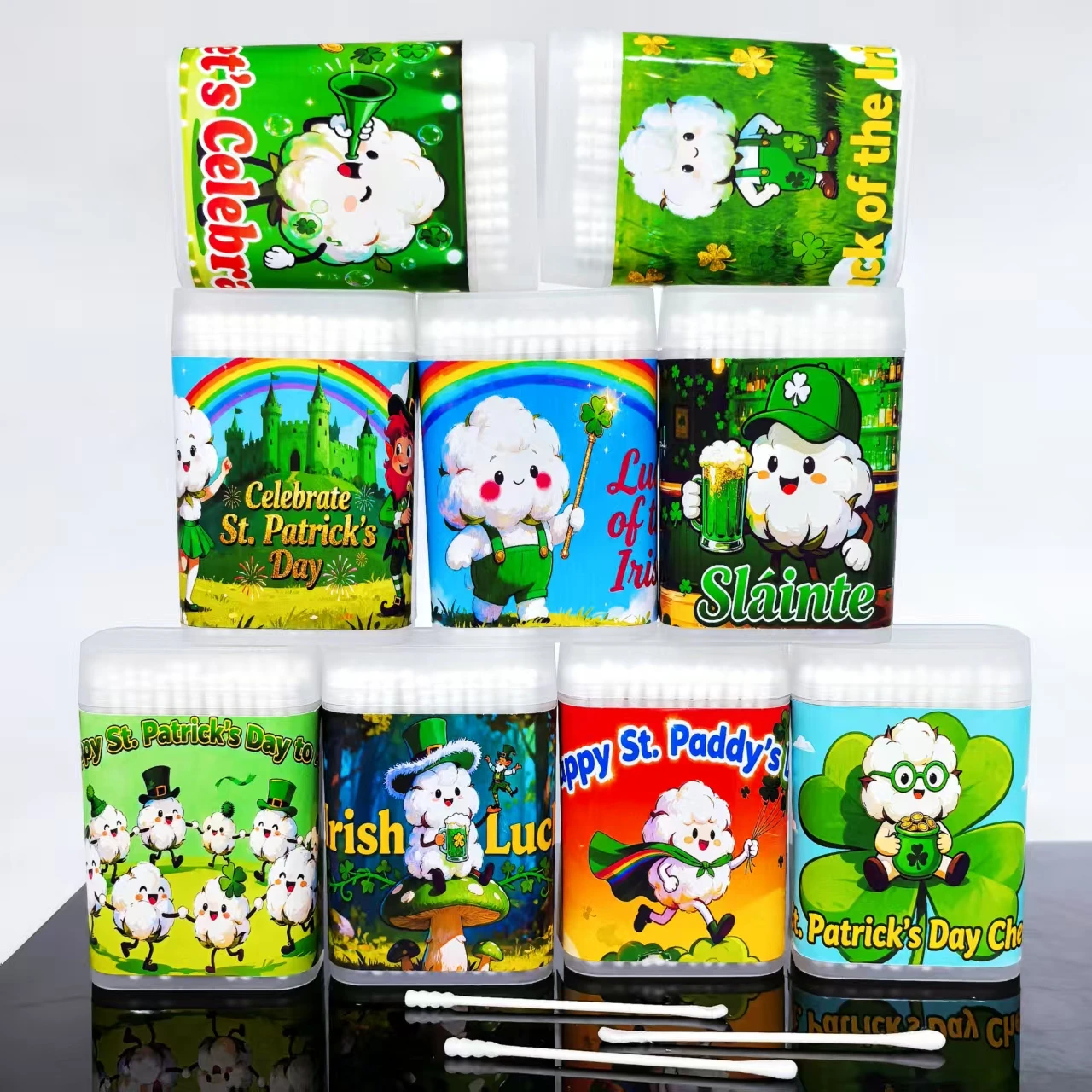 600 uds/900 Uds hisopos de algodón del Festival Irlandés, bastoncillos de algodón de doble cabeza de eje fino, hisopos de algodón para vacaciones del Día de San Patricio