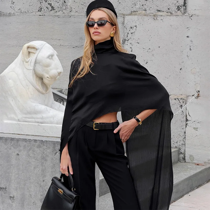 Shpmishal 2026 High Neck Sheer Turtleneck Cape Shirt Women Retro Sun Protection Blouse Mesh Poncho Top Wholesale