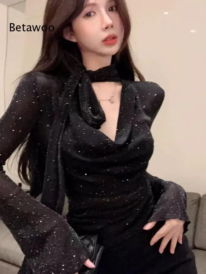 Women Draped Neck Long Sleeve Top Glitter Mesh Slim Fitted Inner Wear Elegant Party Outfit for Autumn Winter