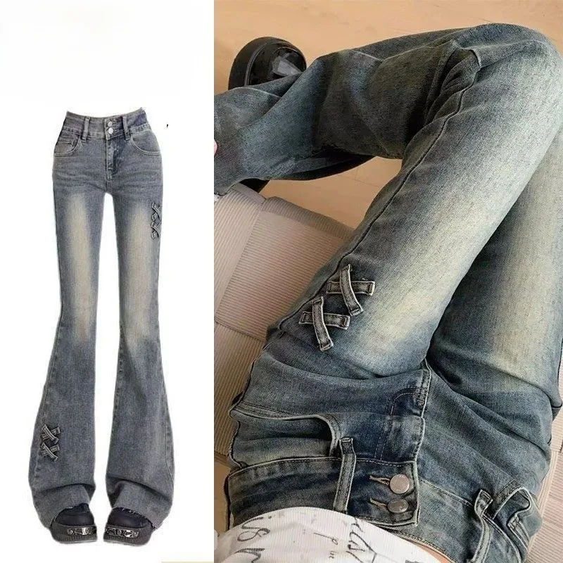 Bootcut Jeans Y2K Plus Size Dames Patchwork Boyfriend Skater Gothic Origineel Perfect Lang Haremstijl Licht trekkoord Comfortabel Ins