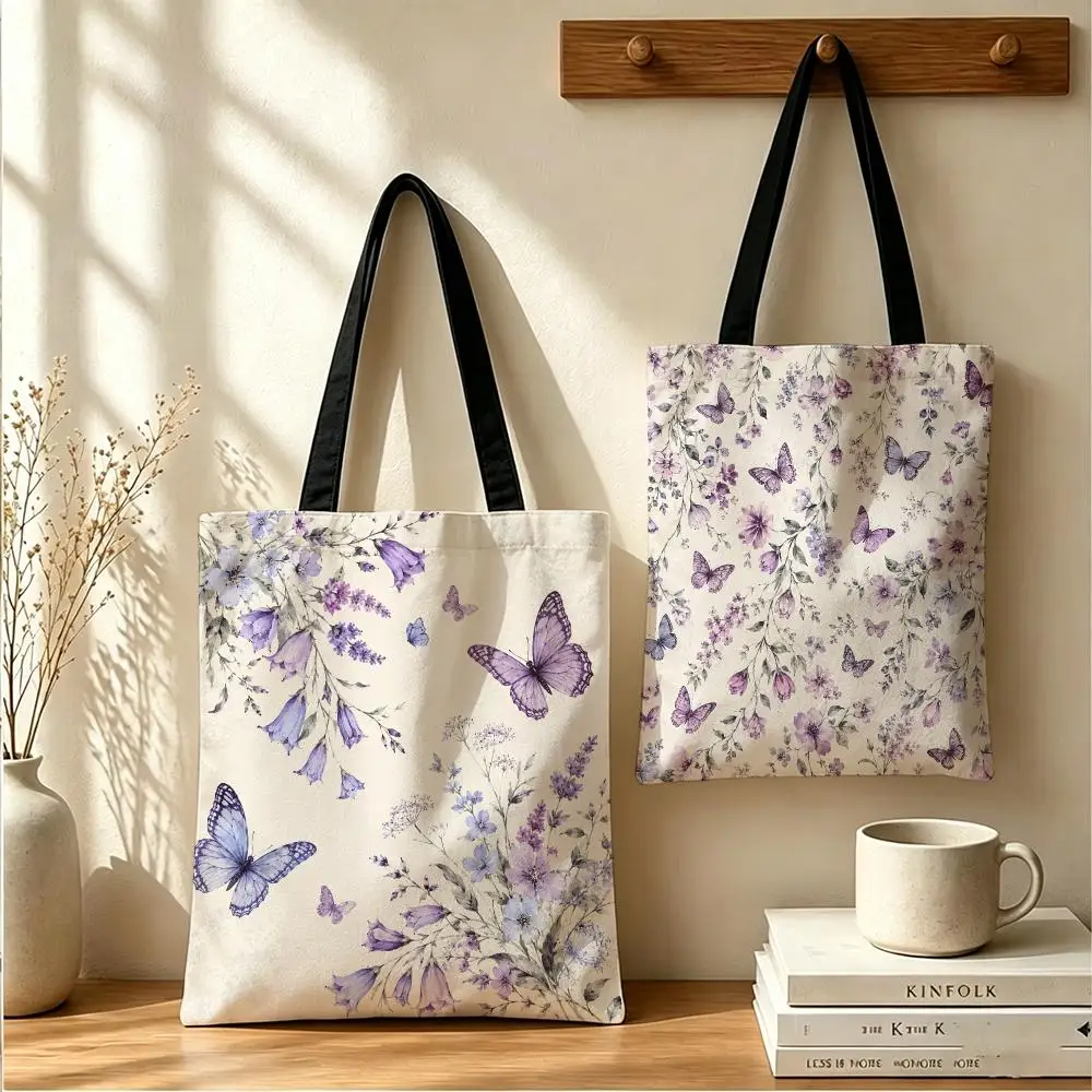 Elegant Purple Butterfly Floral Storage Bags Canvas Tote Bag Women Large Capacity Reusable Shopping Shoulder Bag Daily Handbag