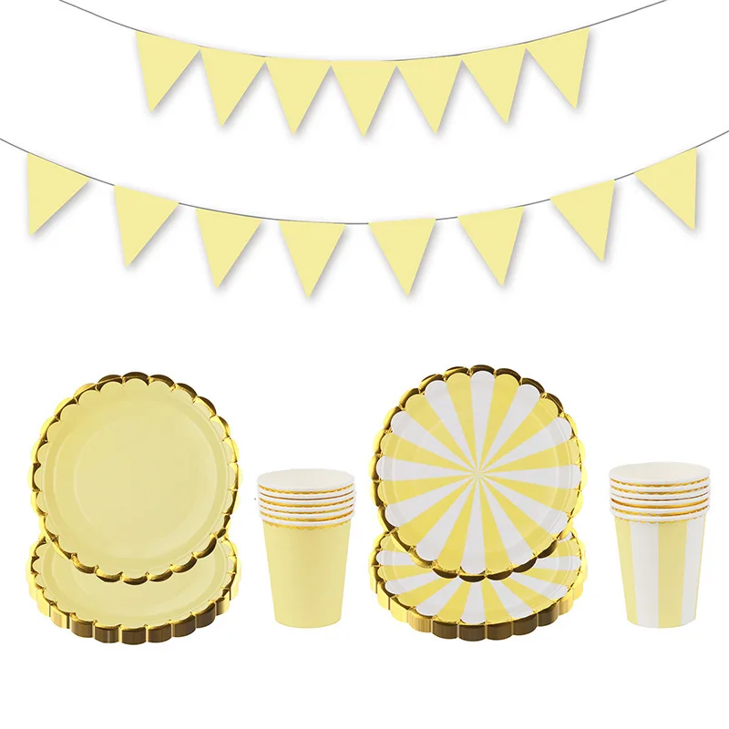 10pcs Disposable Dinner Plate Birthday Party Cute Macaron Yellow Theme Tableware Decoration Paper Cup Paper Plate Set Wholesale