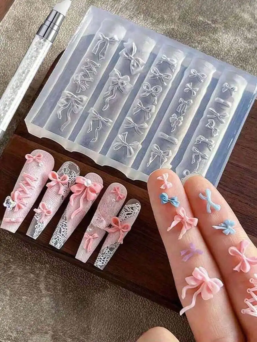 

1PC 3D Bow Molds Silicone Nail Tools, Cute Bow Nail Stencil DIY Nail Art Template, Reusable Mold