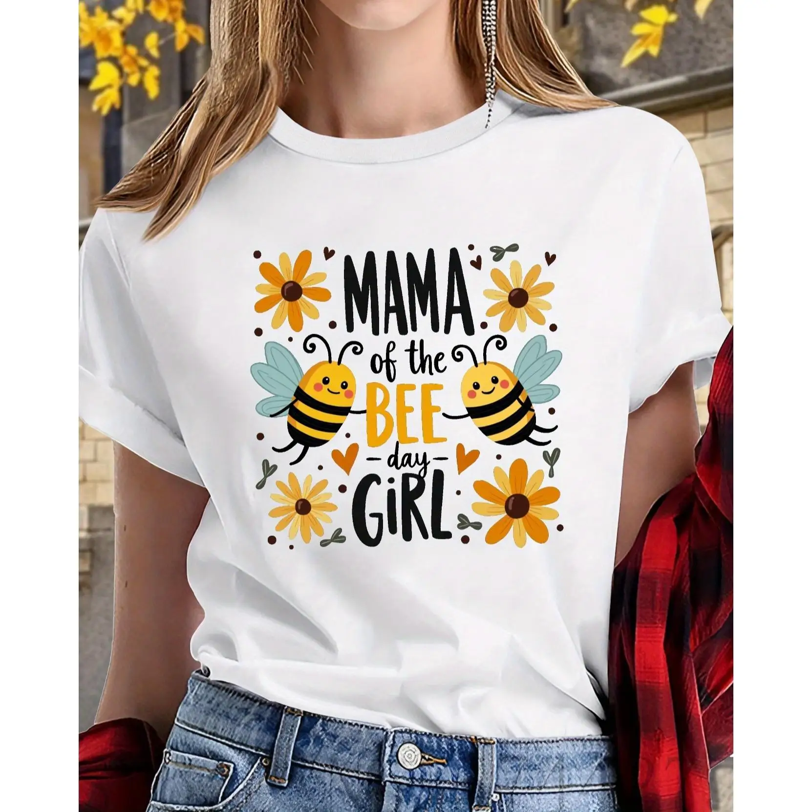 

'Mama of the Bee-day Girl' Women's T-Shirt – Comfort Fit, Short Sleeve, Round Neck, Fun Bee & Flower Design, Casual Style