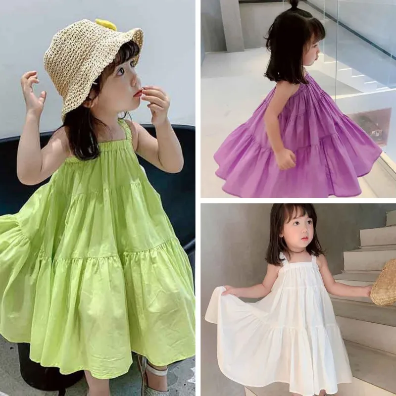 Girls Dresses Summer 2024 Korean Style Cool Casual Children\'s Clothing Cake Princess Dress Baby Kids Suspender Beach Skirt