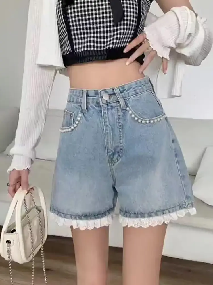 Pantaloni a gamba larga casual estivi da donna in denim leggero vestibilità ampia con bordi in pizzo a vita alta plus Size Hot Girls