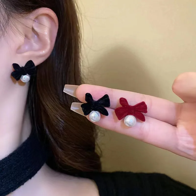 Red Black Bowtie Earrings for Women Girls Simulated Pearl Cloth Bow Tie Earrings Jewelry Ear Accessories Beautiful Gifts