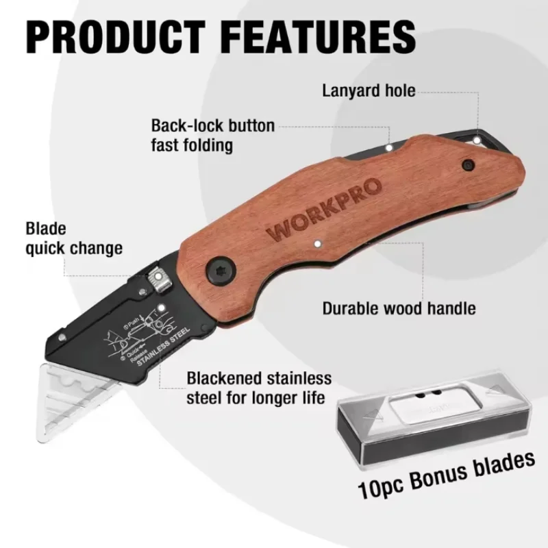 Heavy Duty Folding Utility Knife with Quick-Change Blades, Stainless Steel Head & Wood Handle, Includes Extra SK5 Blades