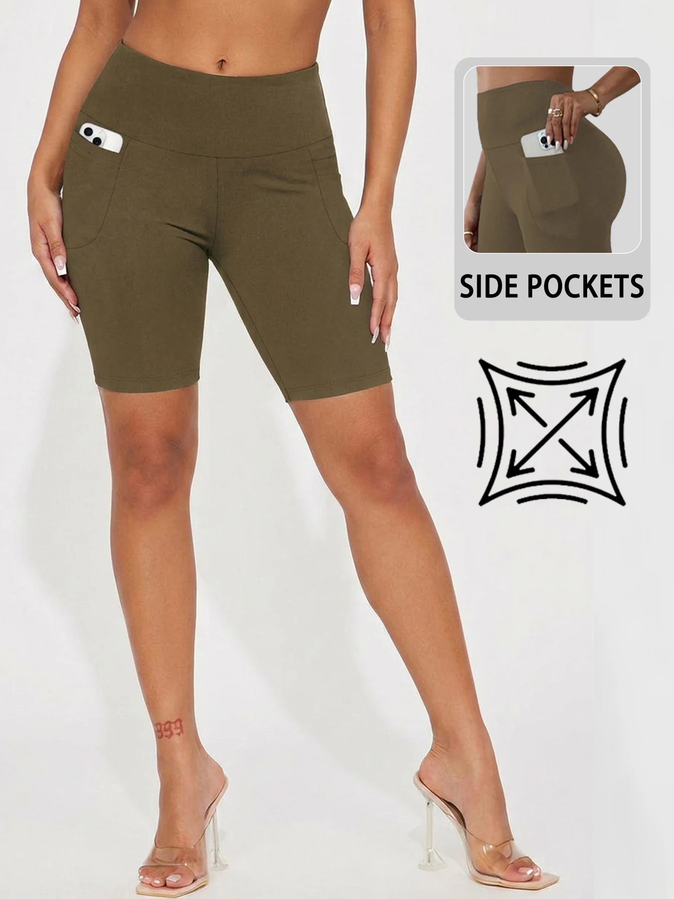 Hoch taillierte Biker-Shorts für Damen mit Taschen, superweiche, bauchkontrollierende Workout-, Lauf-, Yoga- und Sportshorts – Detail 13