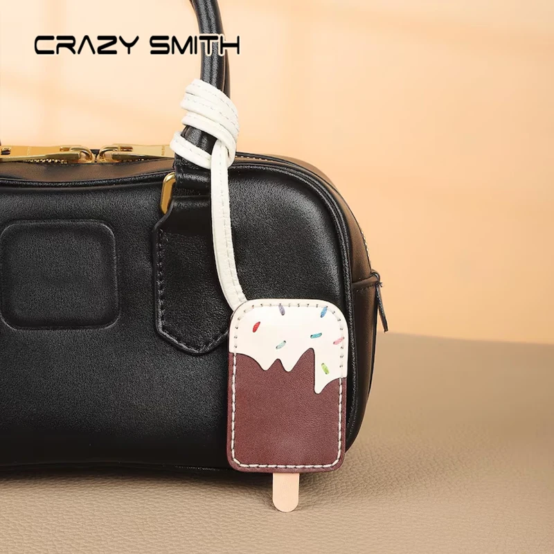 CRAZYSMITH Handmade Ice Cream Bag Keychain Genuine Leather Bag Pendant For Handbags Interesting Stylish Leather Bag Accessories