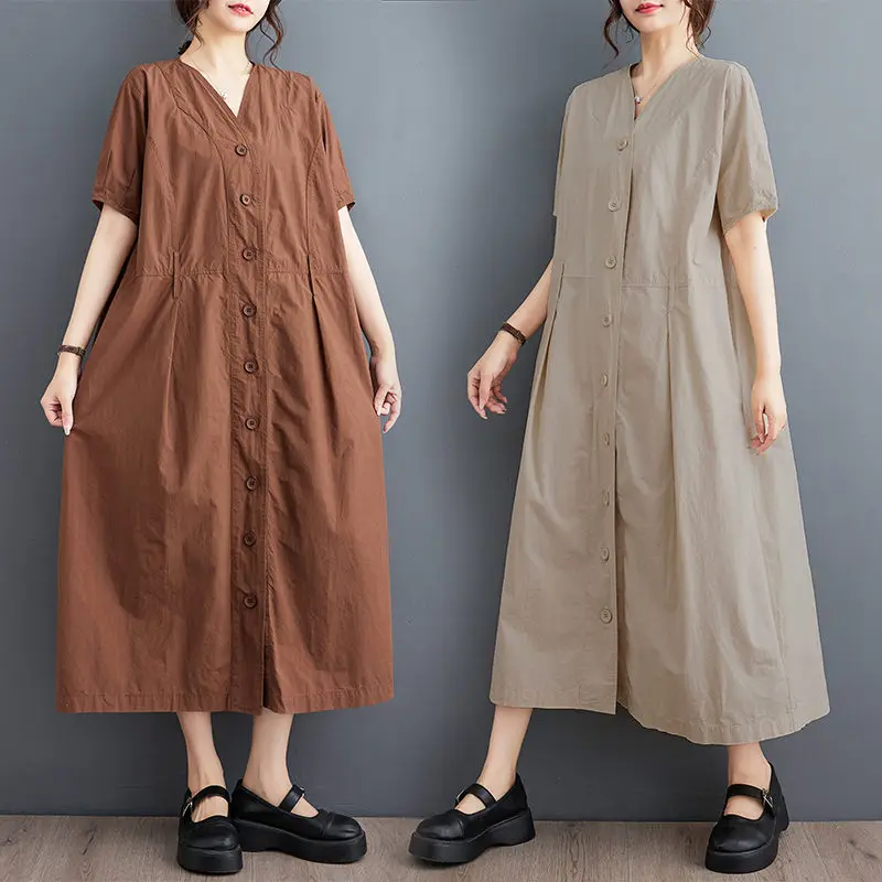 

Solid Color Large Size Women's Dress 2023 Summer New Loose Splice Casual Simple Commuting Sweet Short Sleeve Shirt Dress C002