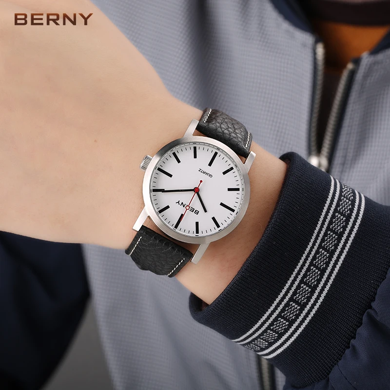 BERNY Men Railway Watch Quartz Clock Male Leather Strap Fashion Railroad Wristwatch Waterproof mens watches top brand luxury