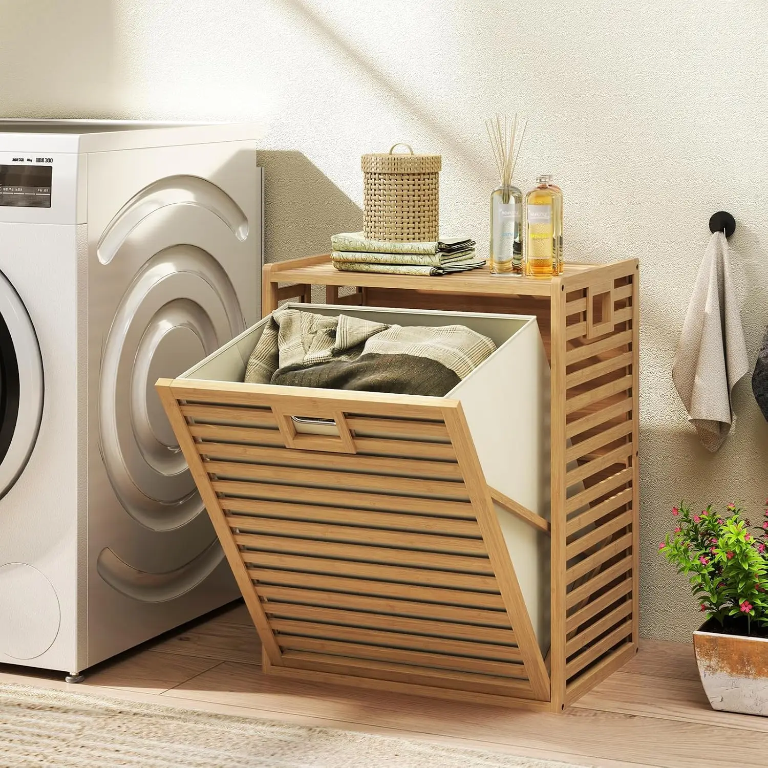 Giantex Bamboo Tilt Out Laundry Hamper with Removable & Foldable Fabric Bin