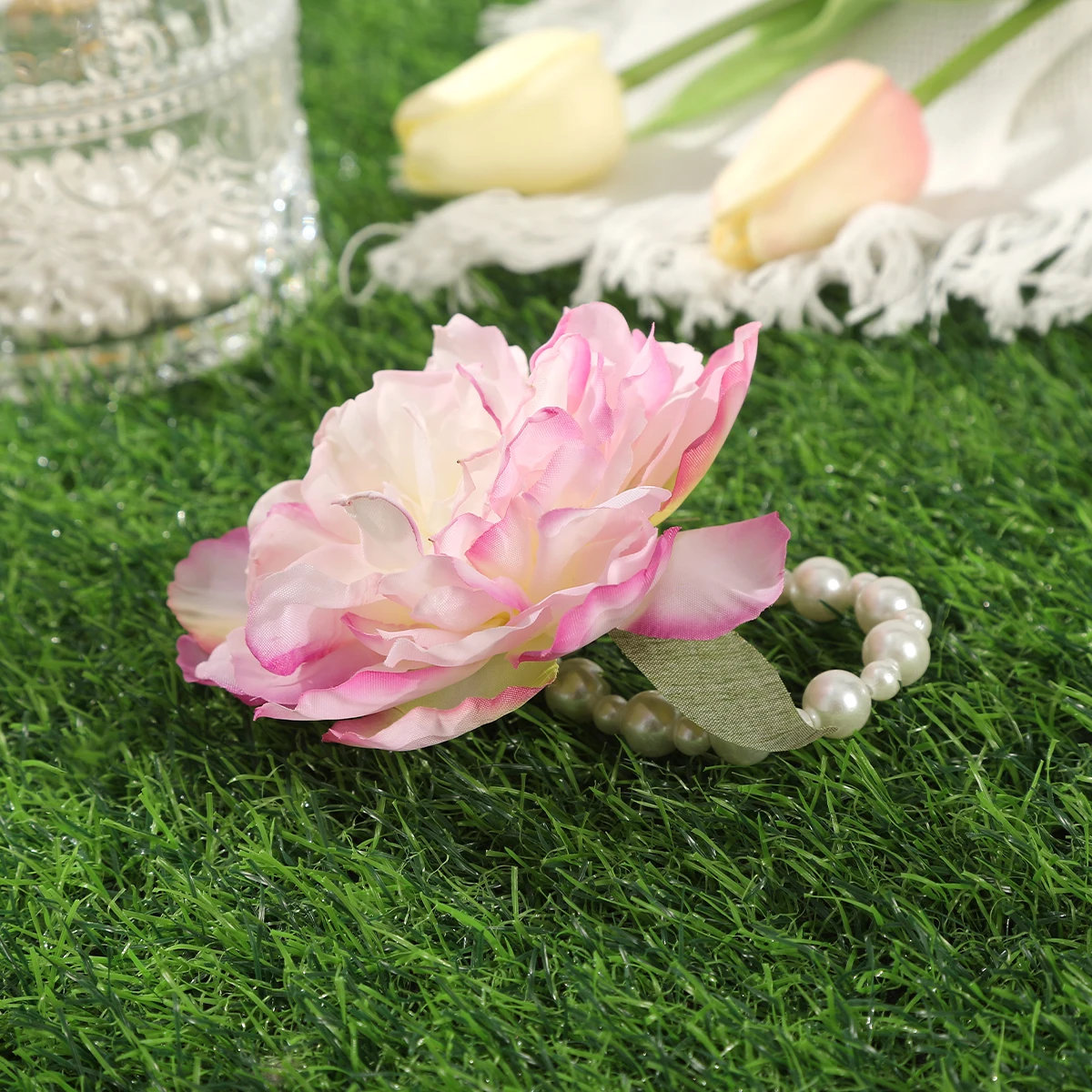 AWAYTR Artificial Rose Flowers Scrunchies Ponytail Pearl Hair Rope for Women Elastic Hair Bands Rubber Gum Band Hair Accessories