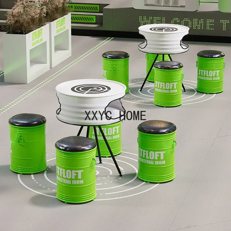 Restaurant Western Restaurant round Iron Oil Drum Dining Table and Chair Combination