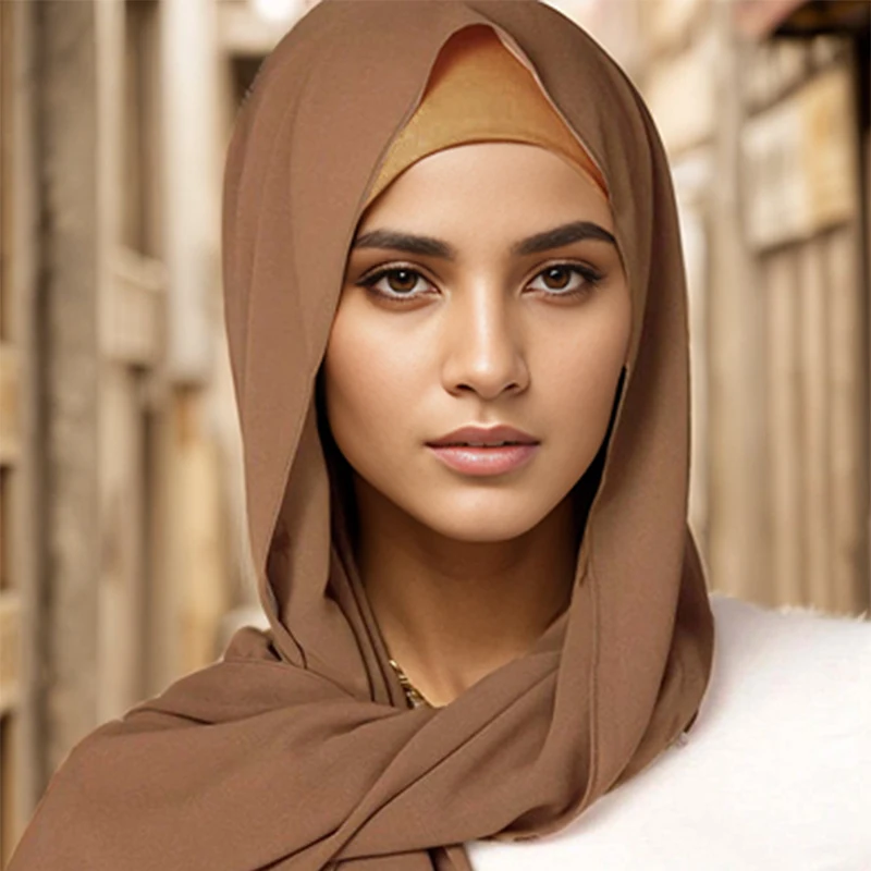 2 Pcs Set Solid Color Muslim Chiffon Scarf Hijab Female Islamic Turben Cover Shawls Wraps for Women Turban Bottom hat