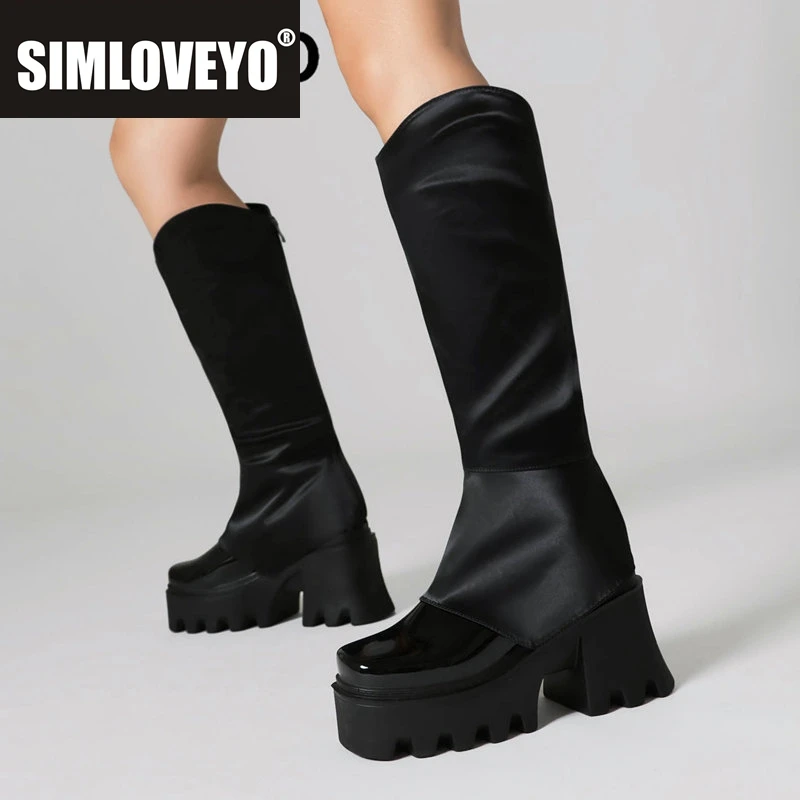 

SIMLOVEYO женские ботинки из эластичной ткани с квадратным носком на массивном каблуке 8 см на платформе Hill 4 см на молнии модные ботинки большой размер 42 43