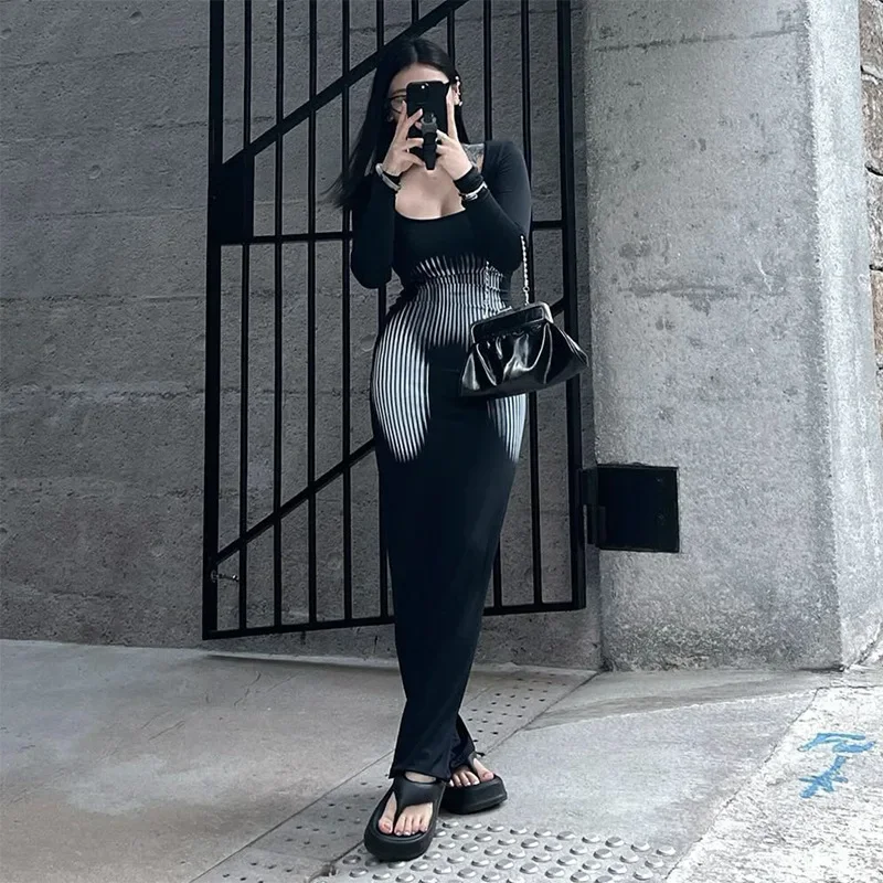 Langarm Quadrat Kragen Kleider Frauen Kleidung Schwarz Druck Tunika Robe Femme Mode Temperament Bodycon Maxi Kleid