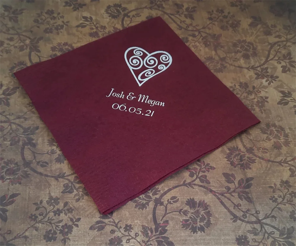 50PCS Heart cocktail napkins for Wedding Lavender paper napkins with your custom text personalized for your special day availabl