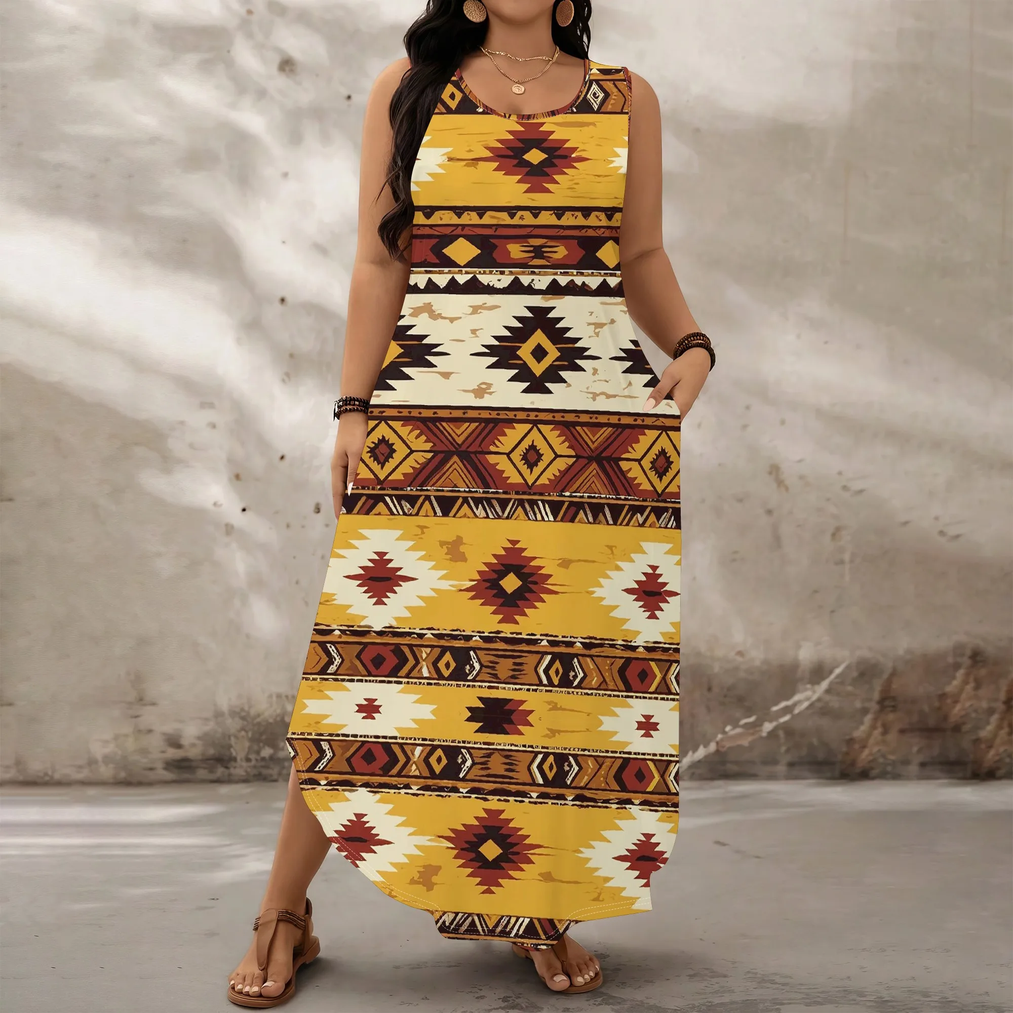 Women's Plus Size Sleeveless Maxi Dress, Boho Aztec Print Casual Summer Dress with Pockets, XL-6XL
