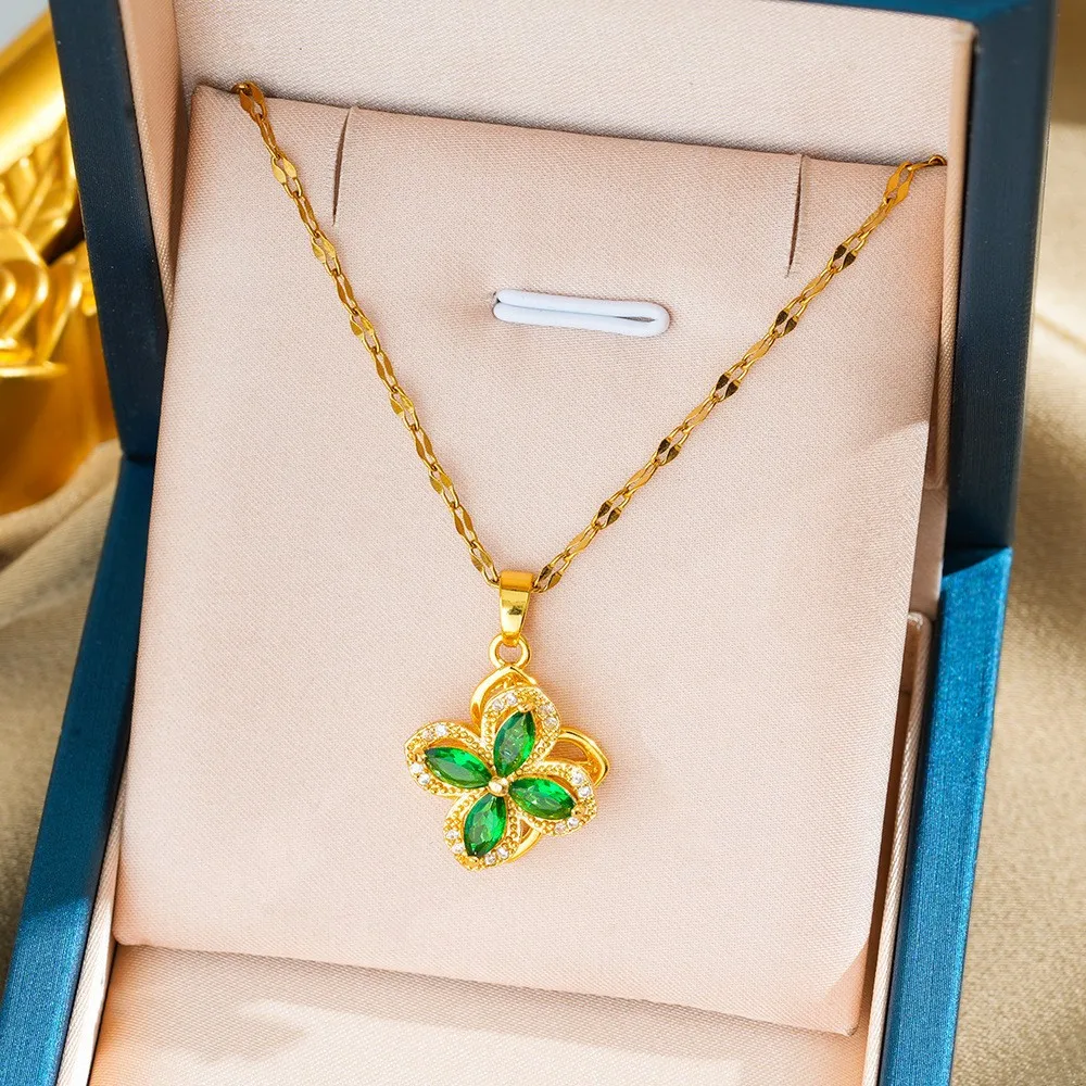 回転する四つ葉の花とジルコンセッティングを備えた女性用ネックレス、女性用ネックレスリング、鎖骨チェーン