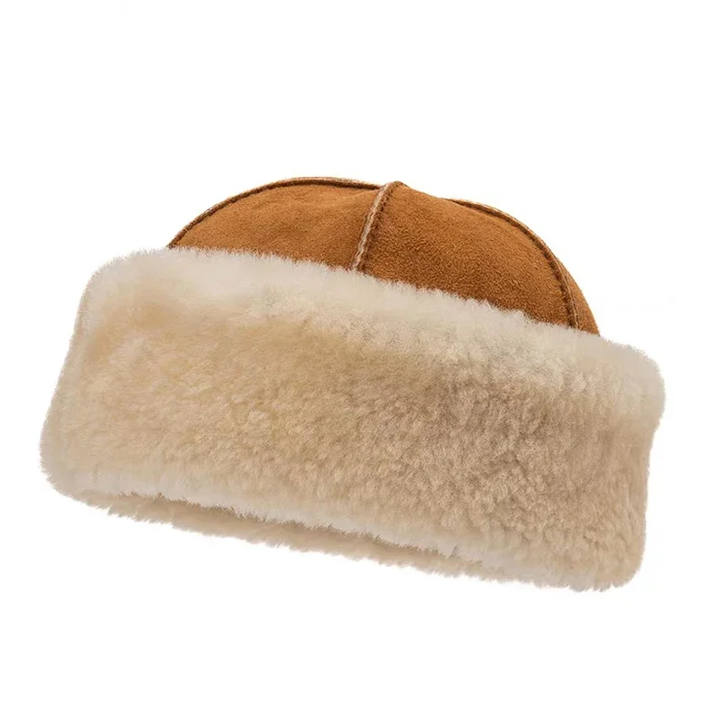 2024 Fashion Real Leather Hat Sheepskin Fur Cap Brimless Hat Warm Round Male Caps Fashion Winter And Autumn Luxury