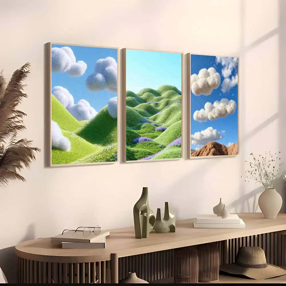 Dreamy Soft Green Rolling Hills Poster, Surreal Pasture Cloud Sky Scenery Wall Aesthetic Dreamcore