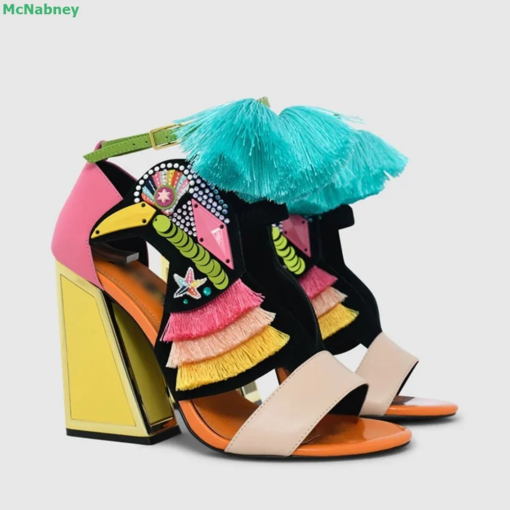 Multi-element Composition Colorful Sandals Chinese Style Design Peep Toe Square Heel Ankle Buckle Strap Fashion Women Shoes