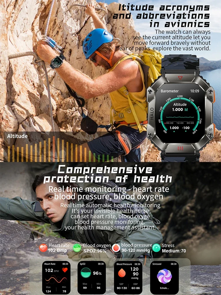 Reloj inteligente con pantalla grande de 2 pulgadas, llamada Bluetooth, brújula para hombres, 650mAh, relojes para deportes al aire libre, barómetro de Fitness, reloj inteligente con altitud