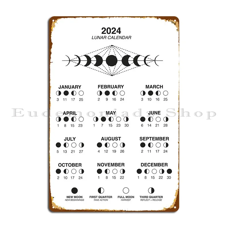 2024 Lunar Calendar Moon Phases 2024 Metal Sign Garage Mural Iron Wall Decor Plaques Tin Sign Poster