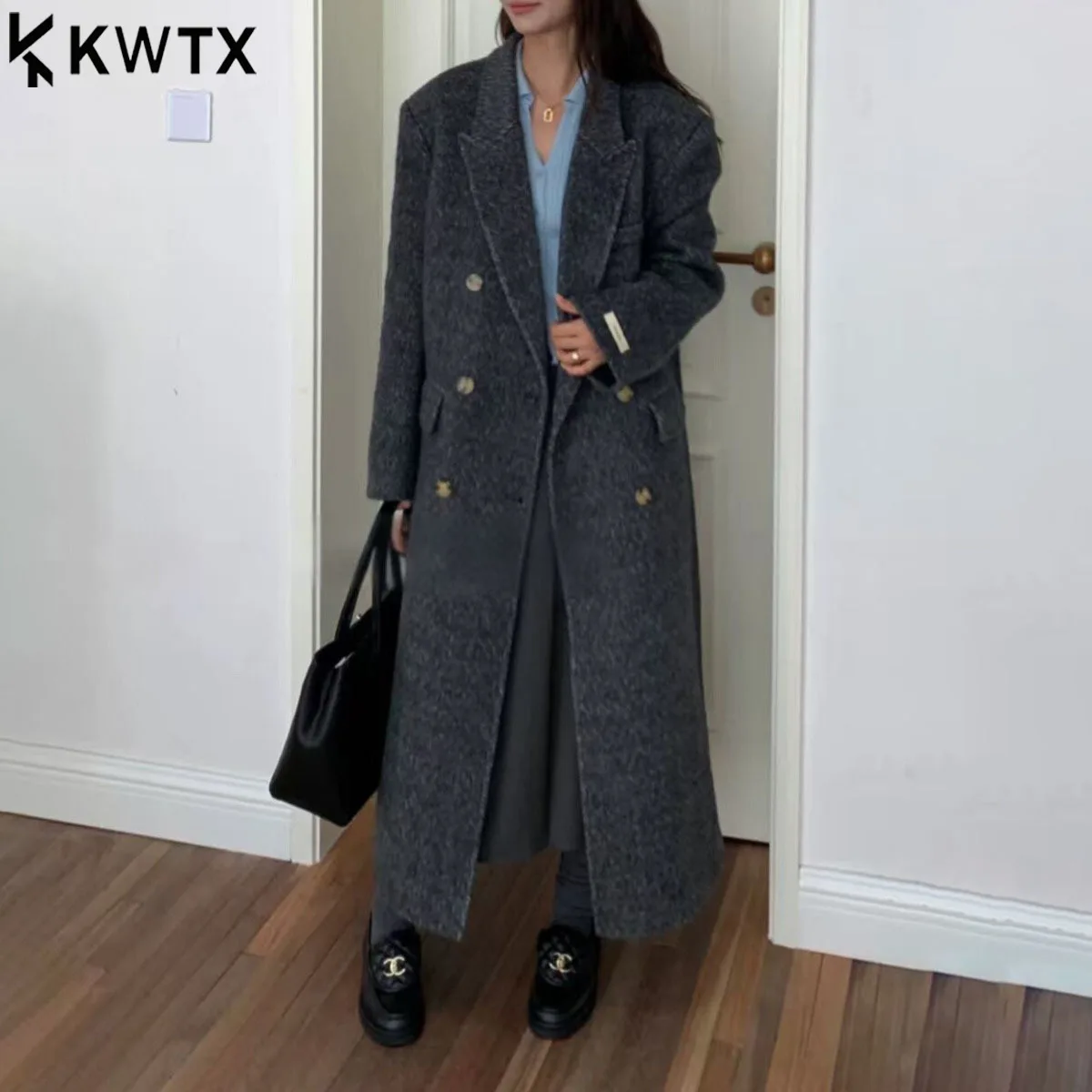 

KWTX 2025 New Arrival Women's 100% Wool Double Breasted Long Coat Lapel Solid Autumn Winter Casual Elegant Chic Premium