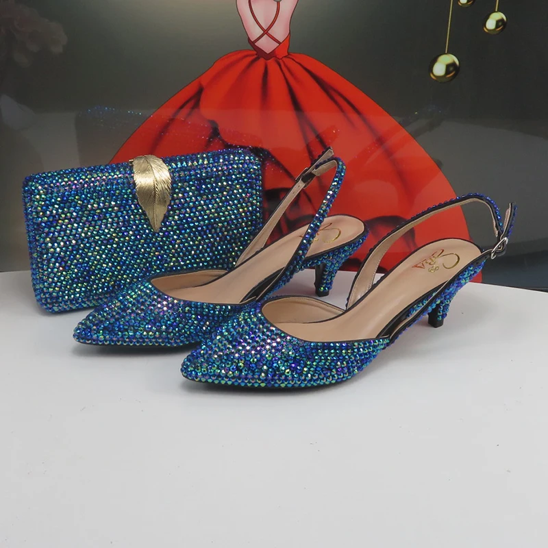 

Blue Crystal Bridal shoes and bag Set Women Thin Heel Wedding Party Evening shoes High Pumps Pointed Toe Platform Shoes Female