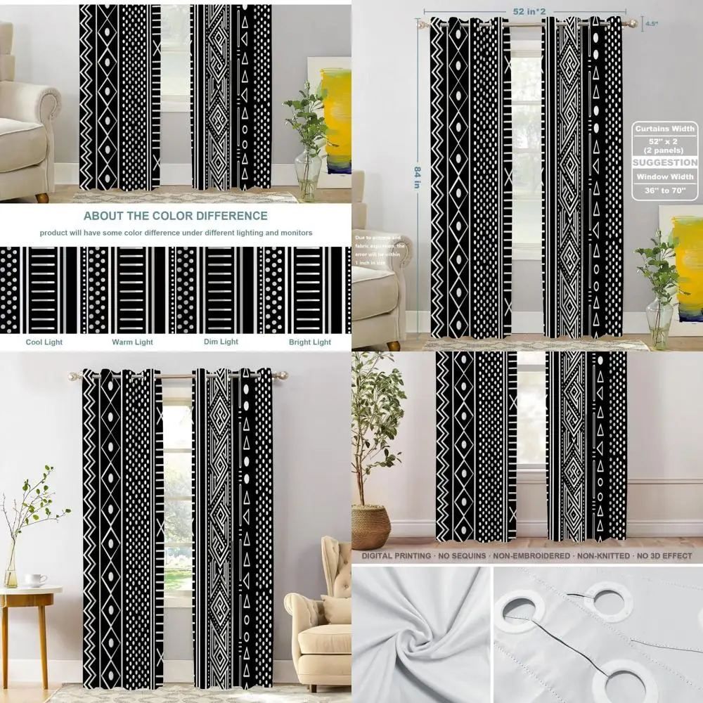 

African-Inspired Geometric Blackout Curtains, White and Black Tribal Design, Thermal Insulated, Grommet Top, 52x84 inches (2 Pan