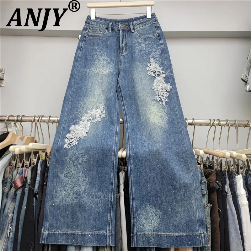 

ANJY 2022, осенне-зимние новые женские джинсы с шипами и бриллиантами, украшенные цветами, свободные утягивающие универсальные флисовые джинсовые брюки A15305
