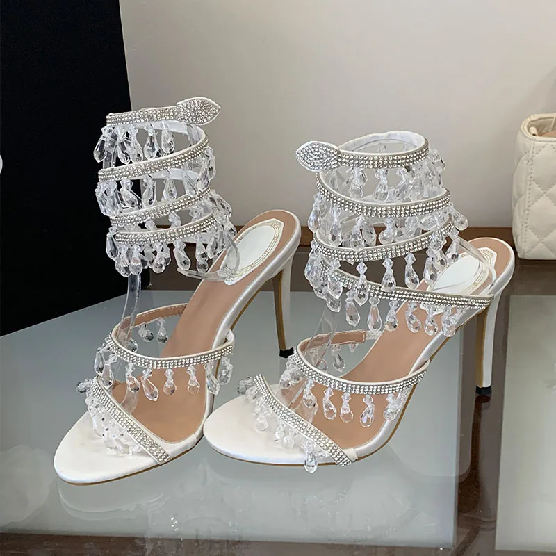 New Fashion Crystal Ankle Strap Women Sandals Thin High Heels Shoes Open Toe Female Pumps Wedding Dress Ladies Shoes Sandals view 3
