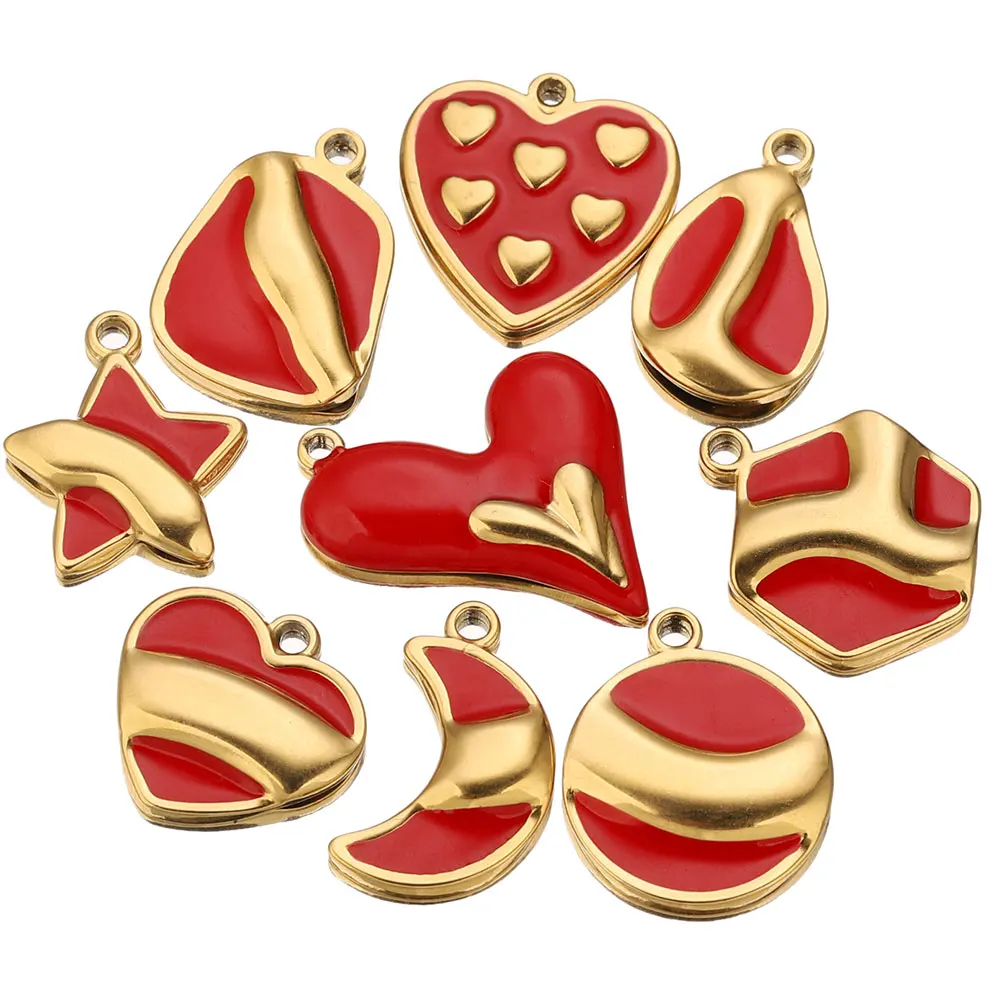 

5 шт., подвески из нержавеющей стали, красная эмаль, сердце, луна, звезды, подвески, металлические DIY ювелирные изделия, ожерелье, браслет, аксессуары