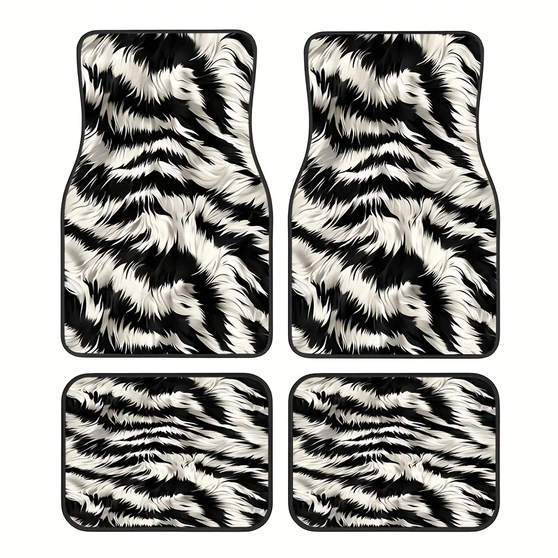 4pcs, Zebra Pattern Style Car Rubber Mats, Universal Anti-Slip Carpet, Easy To Clean Car Accessories, Synthetic Rubber Material,