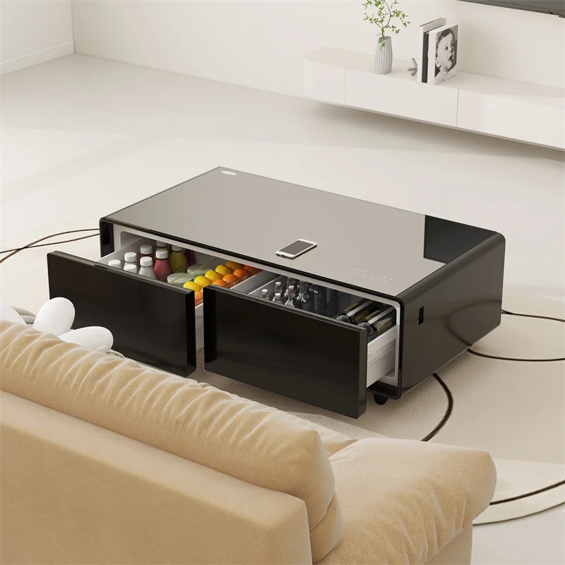

Smart Coffee Table 135L Dual Built in Refrigerator Drawers Wireless Charging Music Player Audio Living Room Furniture