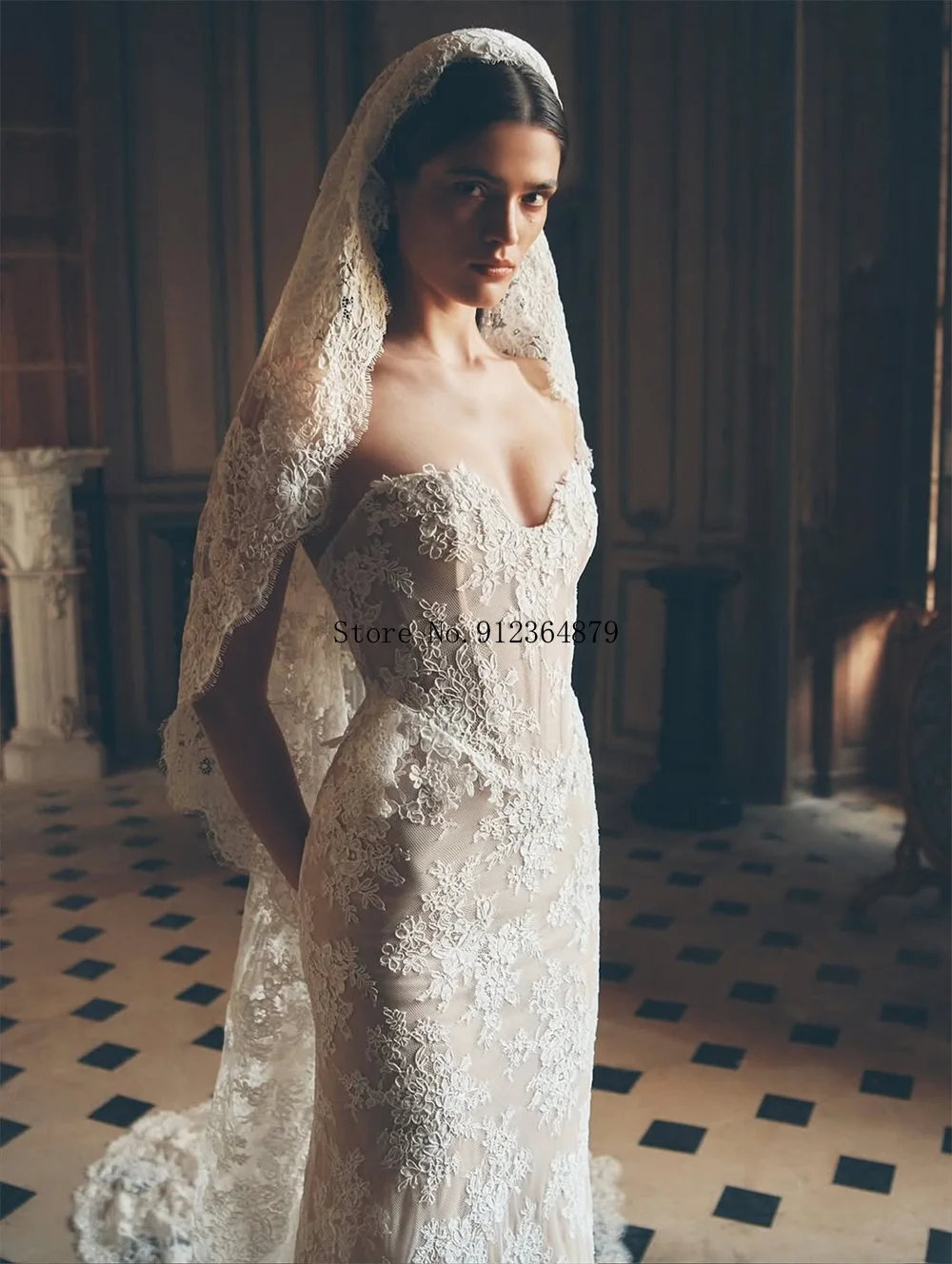 Aangepaste strapless liefje kant zeemeermin trouwjurk fit flare vloerlengte jurk met trein voor bruid formele bruidskleding