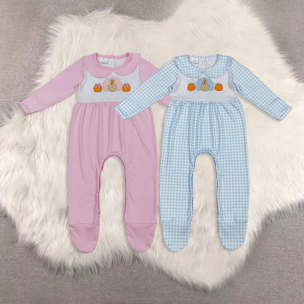 

Sibling Thanksgiving Embroidery Footed Romper for Baby Plaid Pumpkin Turkey Design Fall Season Baby Outfit