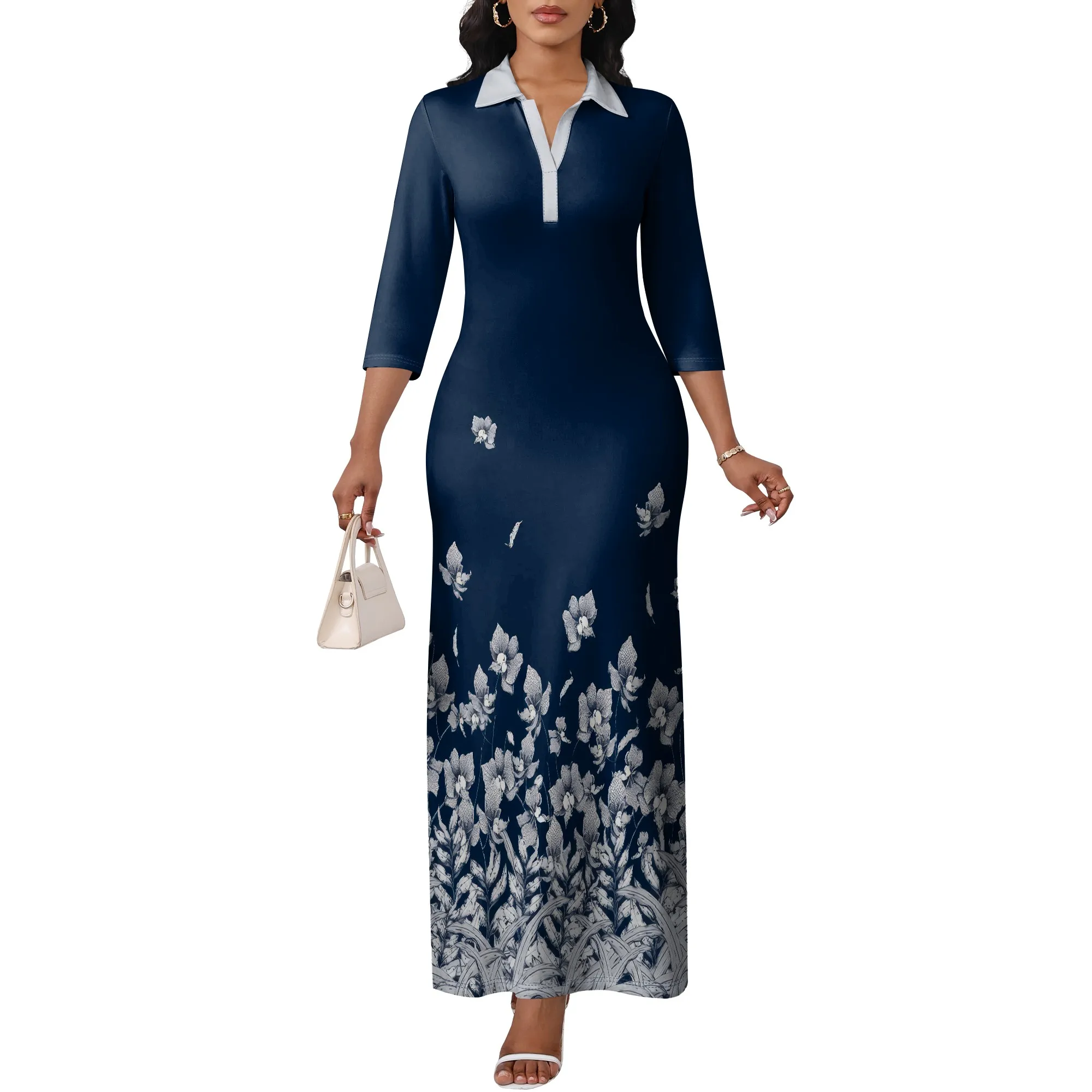 Nupusa Navy White Floral Print Dress for Women Regular Size Casual Shirt Collar 3/4 Sleeve Maxi Dress