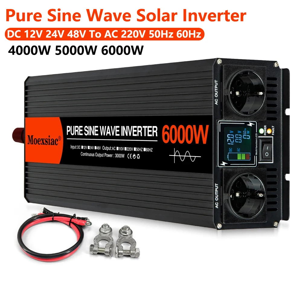 Pure Sine Wave Inverter 4000W 5000W 6000W Double EU Socket Car Inverter DC 12V 24V 48V to AC 220V 50Hz 60Hz Voltage Converters