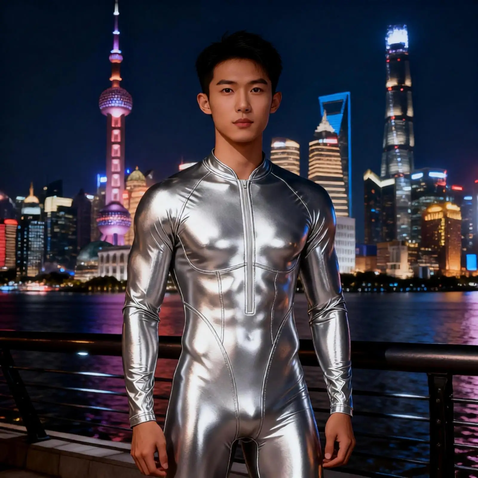 Image of Herren Metallic Glänzender Bodysuit Rave Festival Clubwear Langarm Vorderer Reißverschluss Kurze Hose Romper Disco Simulierter Muskel-Jumpsuit