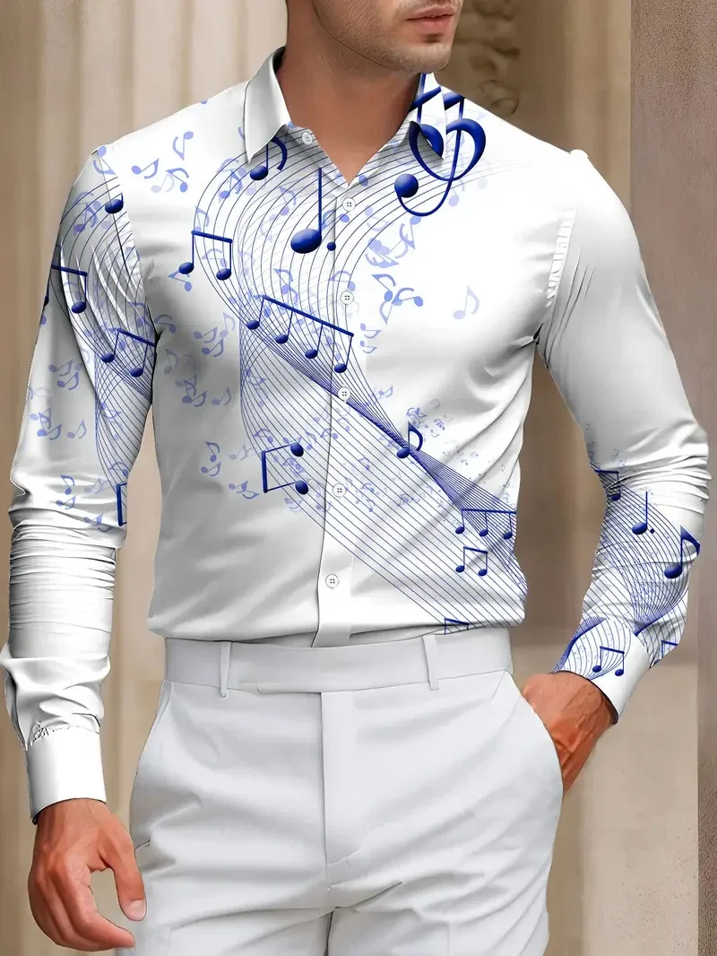 

New Fashionable Men's Music Rune Long Sleeve Button Shirt 3D Skull Printed Costume Simple Business Casual Vibrant Pattern Shirt