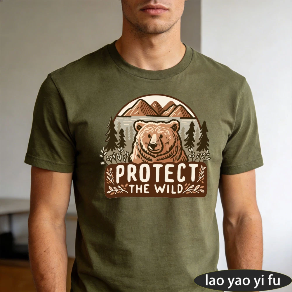 Protect The Wild Bear Badge Grafik-T-Shirt, Unisex-T-Shirt für Herren, Conservation Quote Print Top, Sommer-Tier-Freizeitkleidung, T-Shirt